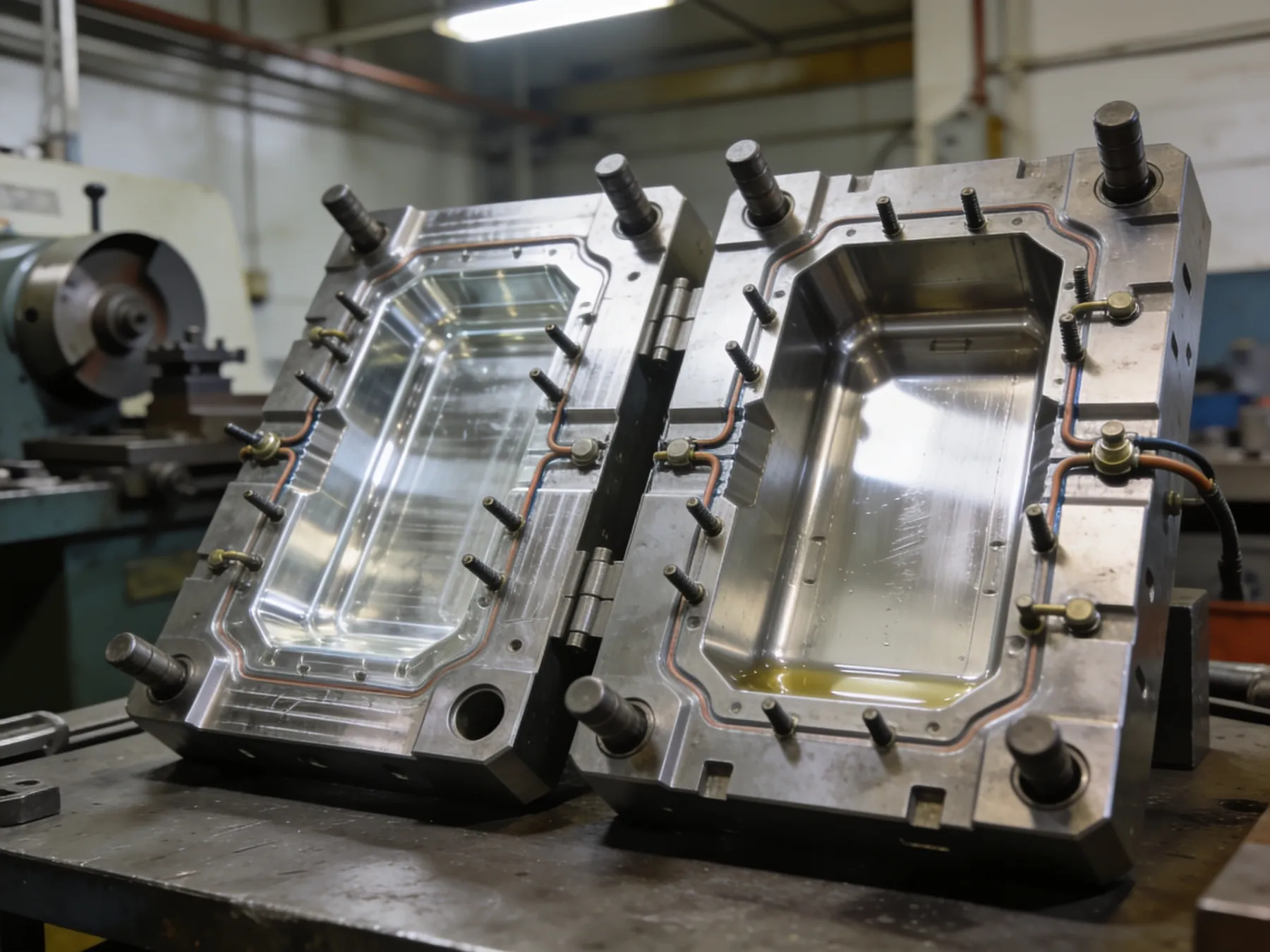 A two-plate injection mould open on the bench, cavity half and core half facing each other across the parting line.