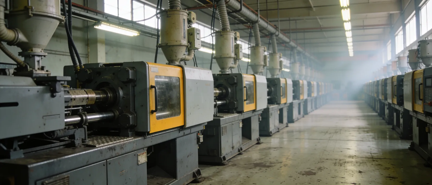 The east aisle of the press floor, machines standing in a row with drying hoppers overhead and the aisle running back toward the far wall.
