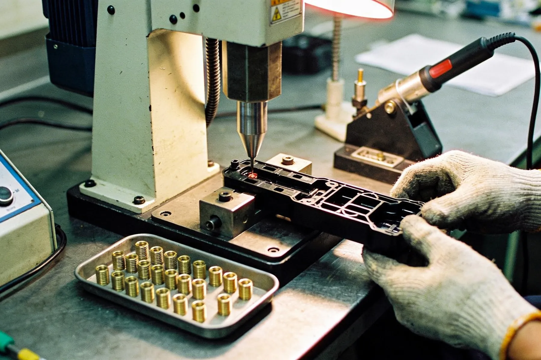 A hand holding a moulded bracket under an ultrasonic insertion press, a tray of brass threaded inserts on the bench alongside a heat gun.